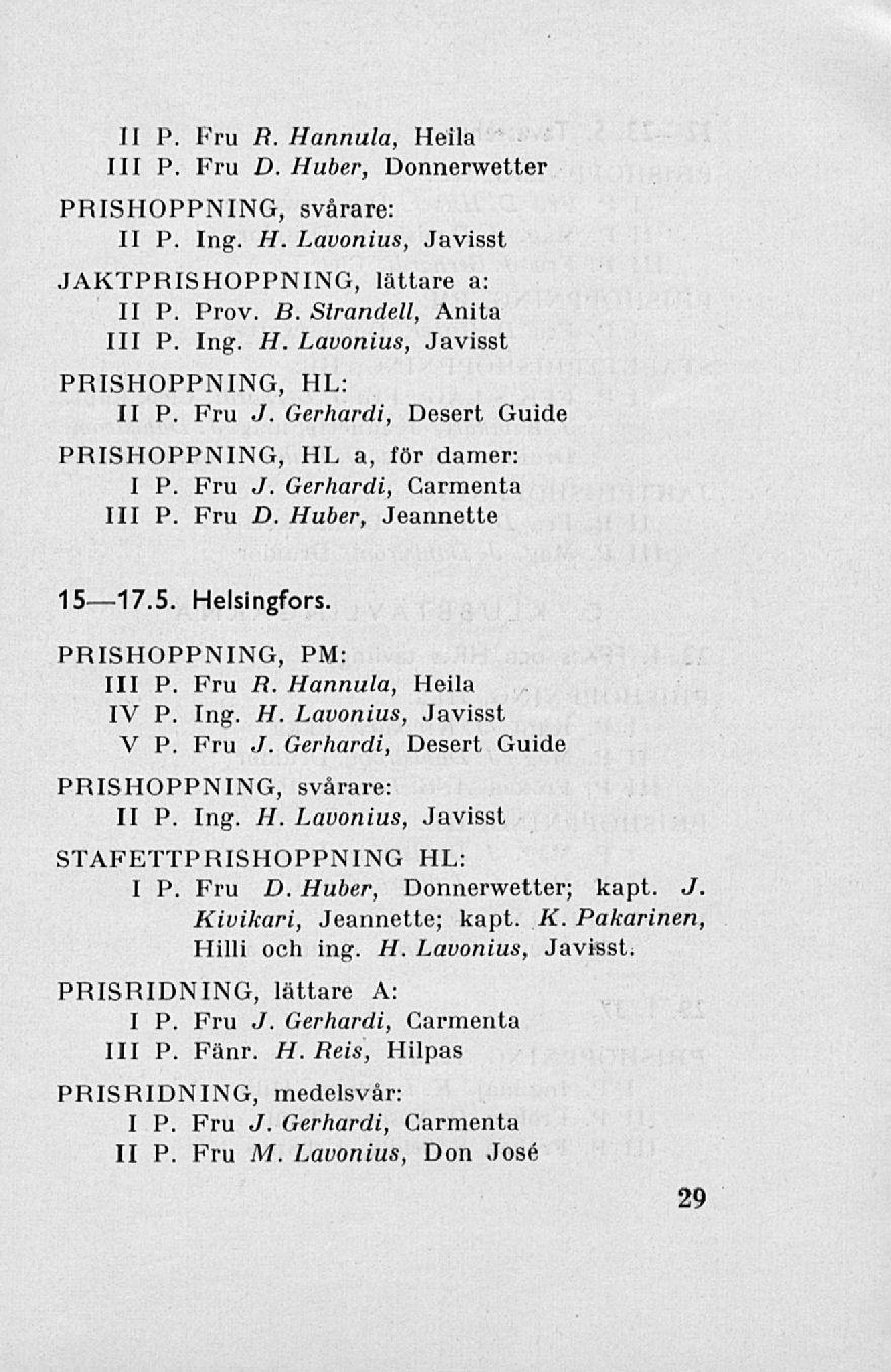 Il P. Fru R. Hannula, Heila 111 P. Fru D. Huber, Donnerwetter PRISHOPPNING, svårare: II P. Ing. H. Lavonius, Javisst JAKTPRISHOPPNING, lättare a: II P. Prov. B. Strandell, Anita 111 P. Ing. H. Lavonius, Javisst PRISHOPPNING, HL: II P.