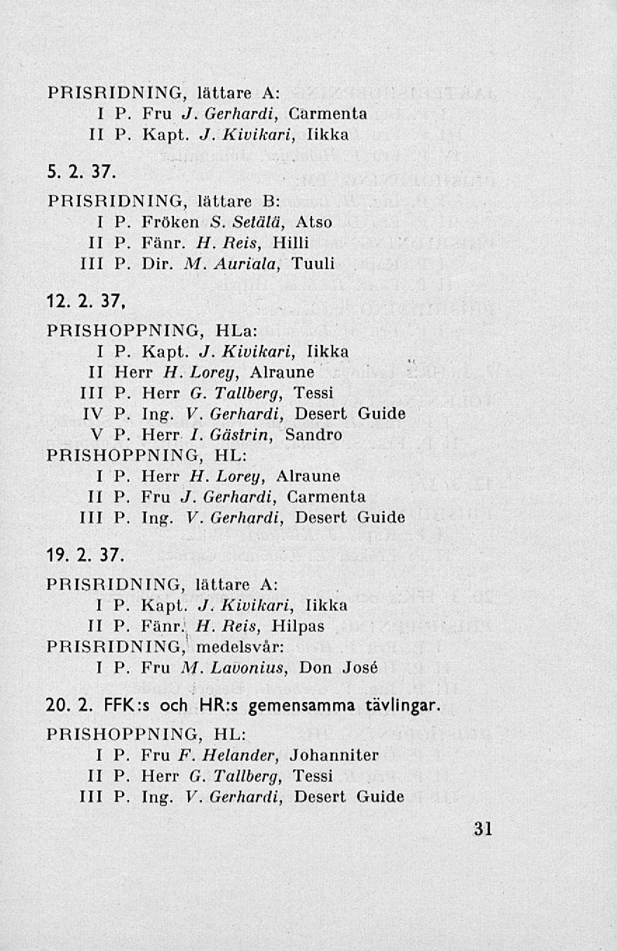 PRISRIDNING, lättare A: I P. Fru J. Gerhardi, Carmenta II P. Kapt. J. Kivikari, likka 5. 2. 37. PRISRIDNING, lättare B: I P. Fröken S. Setälä, Atso II P. Fänr. H. Reis, HUH 111 P. Dir. M.