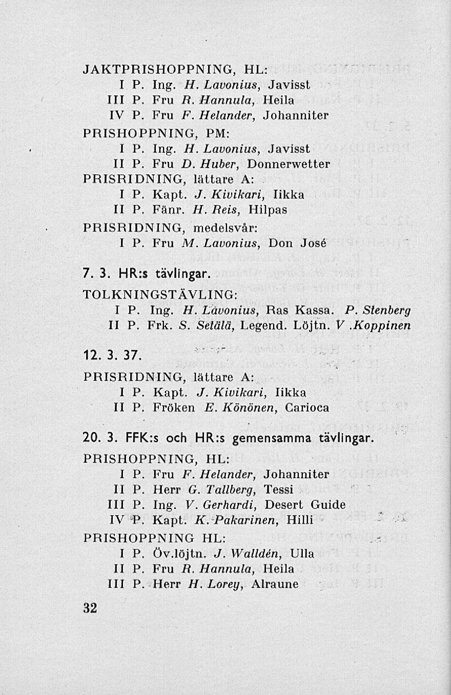 JAKTPRISHOPPNING, HL: I P. Ing. H. Lavonius, Javisst 111 P. Fru R. Hannula, Heila IV P. Fru F. Helander, Johanniter PRISHOPPNING, PM: I P. Ing. H. Lavonius, Javisst II P. Fru D.