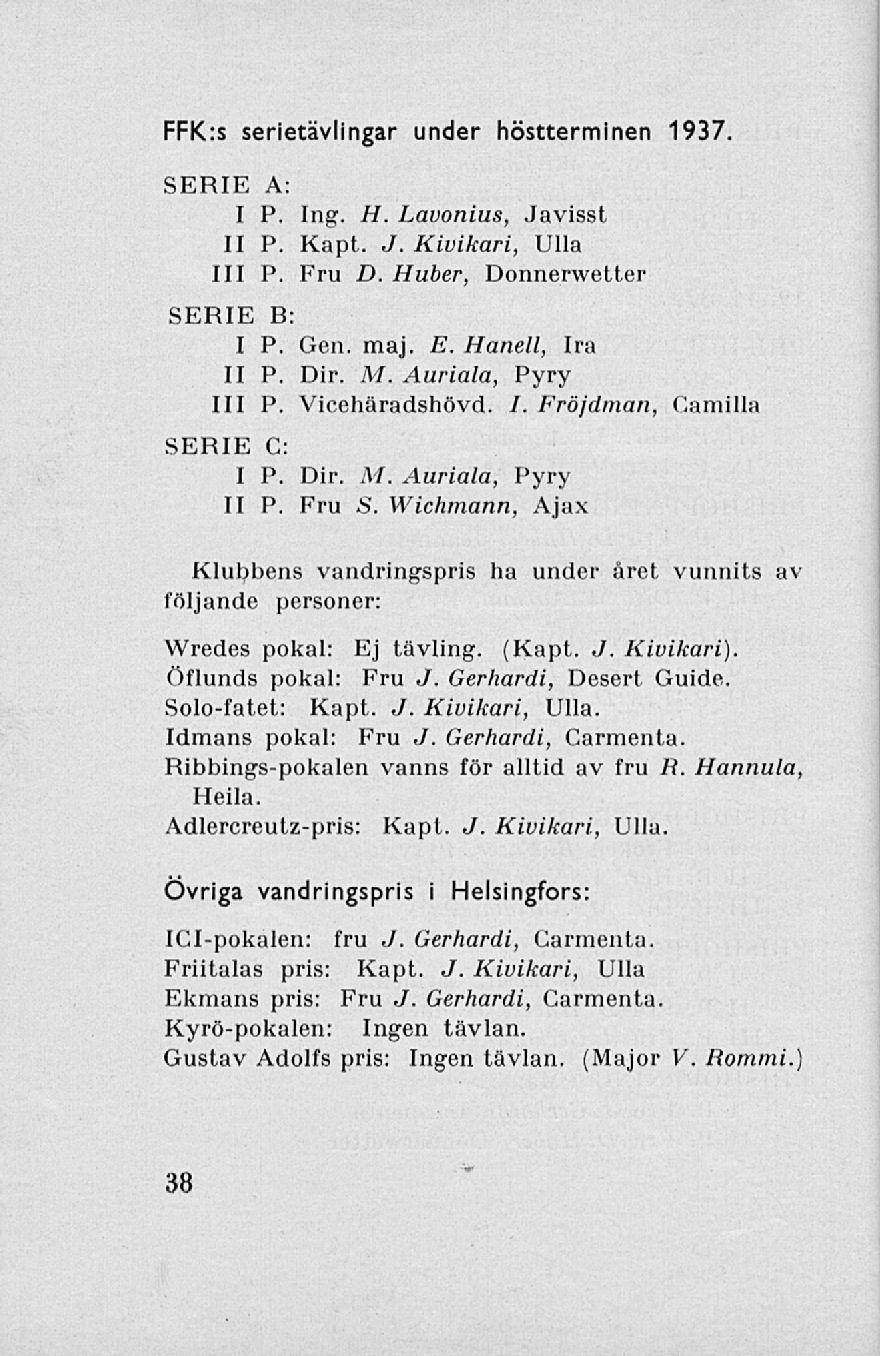 Gerhardi, FFK:s serietävlingar under höstterminen 1937. SERIE A: I P. Ing. H. Lavonius, Javisst II P. Kapt. J. Kivikari, Ulla 111 P. Fru D. Huber, Donnerwetter SERIE B I P. Gen. maj. E.