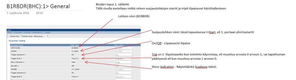 Lisäksi vaihejännitteet U1, U2 ja U3 sekä nollajännite U0 on valittu häiriötallennuslohkolta tallentavaksi. Analogiasignaaleille ainoastaan nollajännitteen ylityksestä liipaistaan tallenne.