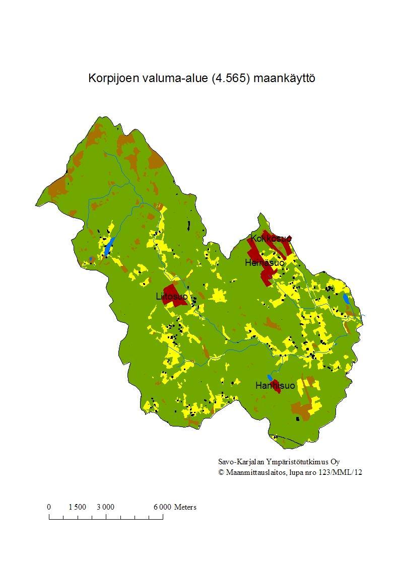 Vesistöalueen maankäyttö (vihreä=metsä, keltainen=pelto, sininen=vesistö,