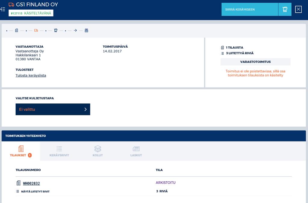TOIMITUKSET -osiossa annetaan tarvittavat kuljetusohjeet. Kuljetustapaan kuuluvat ohjeet on valmiiksi tallennettu. Tarvittaessa niitä voidaan tässä vaiheessa muokata tai täydentää.