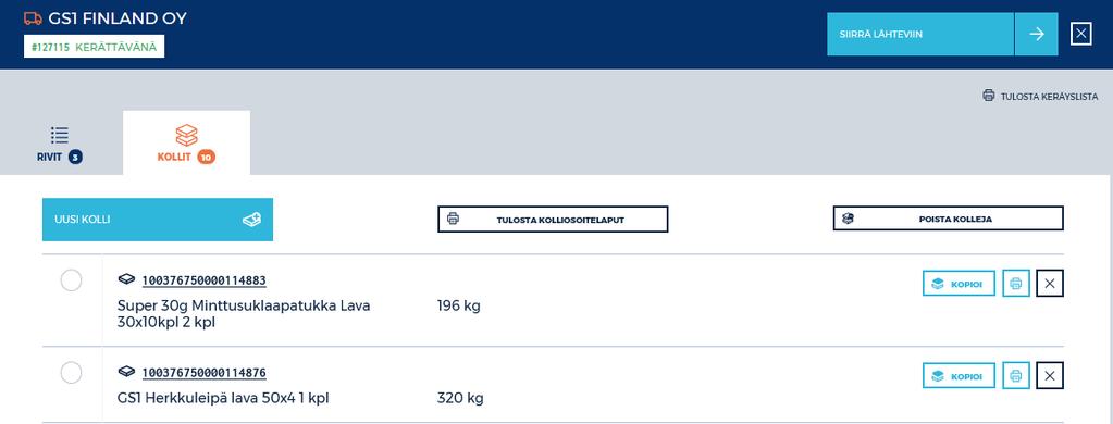 Klikataan painiketta TULOSTA KOLLIOSOITELAPUT Tarvittaessa voidaan tulostaa yksittäisen kollin