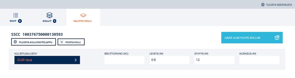 Uusi kolli muodostuu listalle. Klikkaamalla kollin SSCC -koodia päästään liittämään tuotteita kollille.