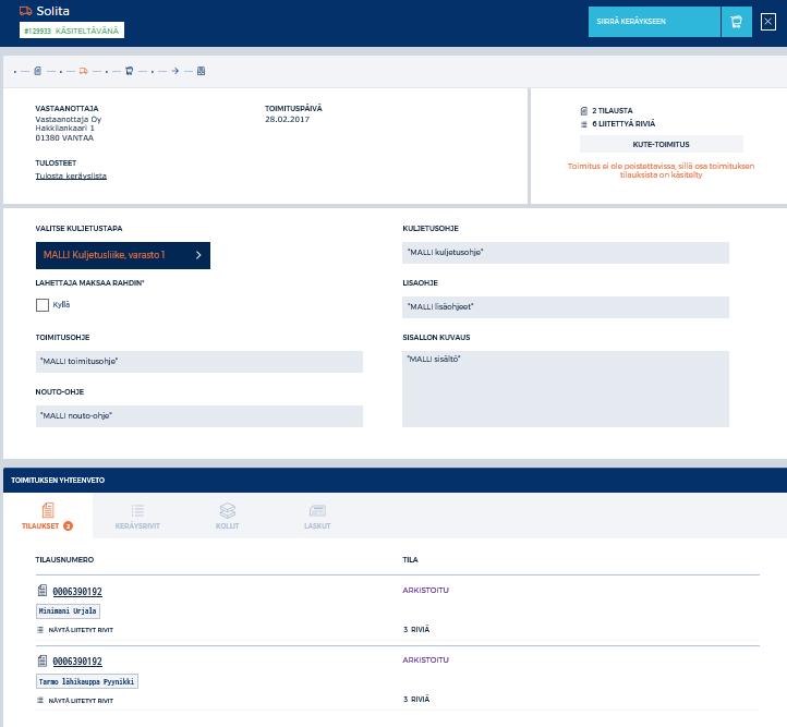 TOIMITUKSET -osiossa annetaan tarvittavat kuljetusohjeet. Kuljetustapaan kuuluvat ohjeet on valmiiksi tallennettu. Tarvittaessa niitä voidaan tässä vaiheessa muokata tai täydentää.