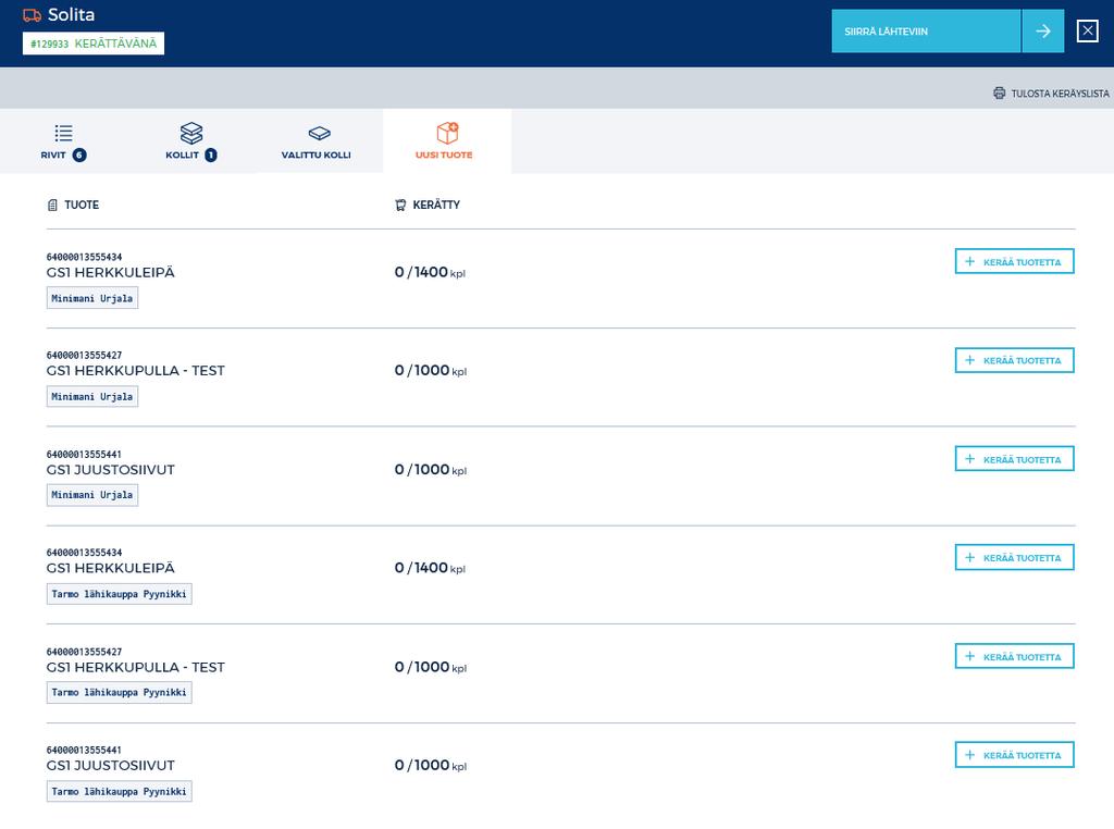 Haluttu tuote lisätään painikkeesta KERÄÄ TUOTETTA. Uudessa näkymässä ilmoitetaan kerättävä määrä sekä eräkohtaiset tiedot. Tuotteen lisääminen vahvistetaan painikkeella LISÄÄ TUOTE KULJETUSYKSIKÖLLE.