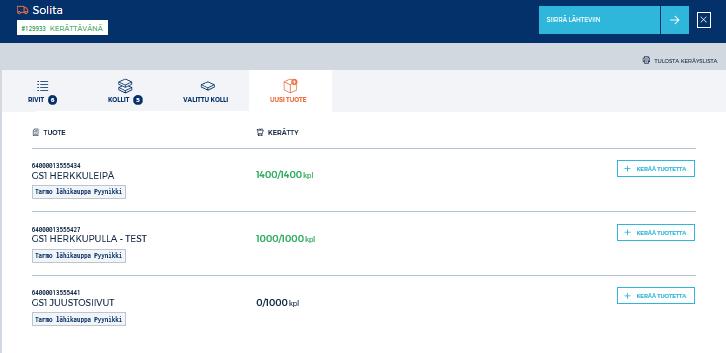 Lisätään yksitellen kollille kaikki halutut tuotteet. Lopuksi lisätään puuttuvat mittatiedot toimitusyksikölle. Tarkistetaan, että kuljetusalusta on oikea.
