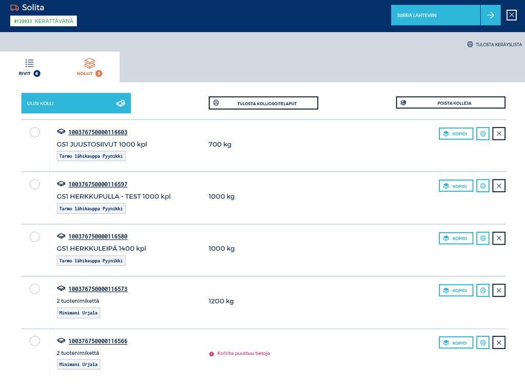 Kun kaikki toimitukseen kuuluvat tilaukset on kerätty, tulostetaan kolliosoitelaput. Klikataan painiketta TULOSTA KOLLIOSOITELAPUT.
