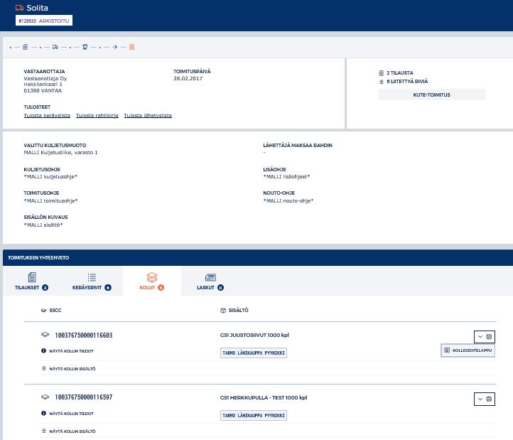 Kaikki toimitukseen liitettävät asiakirjat voidaan tulostaa kohdasta TULOSTEET. Yksittäisen kollin kollisosoitelapun voi tarvittaessa tulostaa uudelleen tulostus - kuvakkeesta.