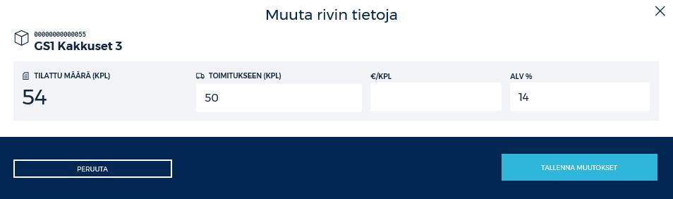 Uudessa näkymässä syötetään toimitettava määrä ja klikataan TALLENNA MUUTOKSET - painiketta. CD -toimitusmallissa kerättävää tasoa ei pysty muuttamaan, vaan keräys tehdään tilatussa yksikössä.