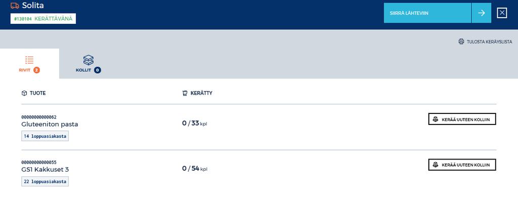 Keräys Toimitus on siirtynyt KERÄYS -osioon. RIVIT -välilehdellä näkyvät tuotteet riveittäin. Tuotenimen alla on tilauksen tehneiden myymälöiden eli loppuasiakkaiden lukumäärä.