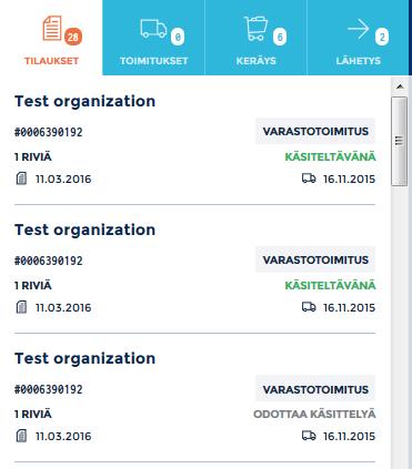 1.2.2. Osiot Osioiden sisältö riippuu päävalikon valinnasta. Esimerkiksi TYÖLISTA-kuvakkeesta avautuvat seuraavat osiot: TILAUKSET, TOIMITUKSET, KERÄYS sekä LÄHETYS.