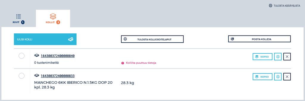 uuden tuotteen perustaminen). 2. KOLLIT -välilehdellä keräämisen voi aloittaa painikkeesta UUSI KOLLI.