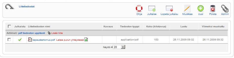 KÄYTTÖOHJE LIITE 1 12 (14) Julkaise-painikkeella merkitään haluttu liitetiedosto julkaistavaksi ja sen jälkeen tiedoston latauslinkki näytetään julkisessa puolella ko. artikkelissa.