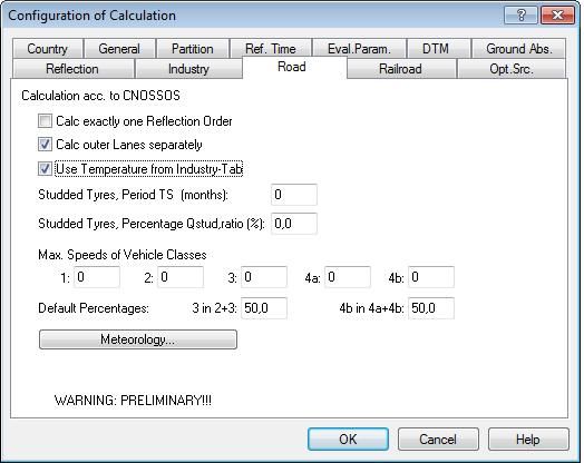 CadnaA-valikko: Calculation > Configuration of Calculation >Road-välilehti > Use Temperature from