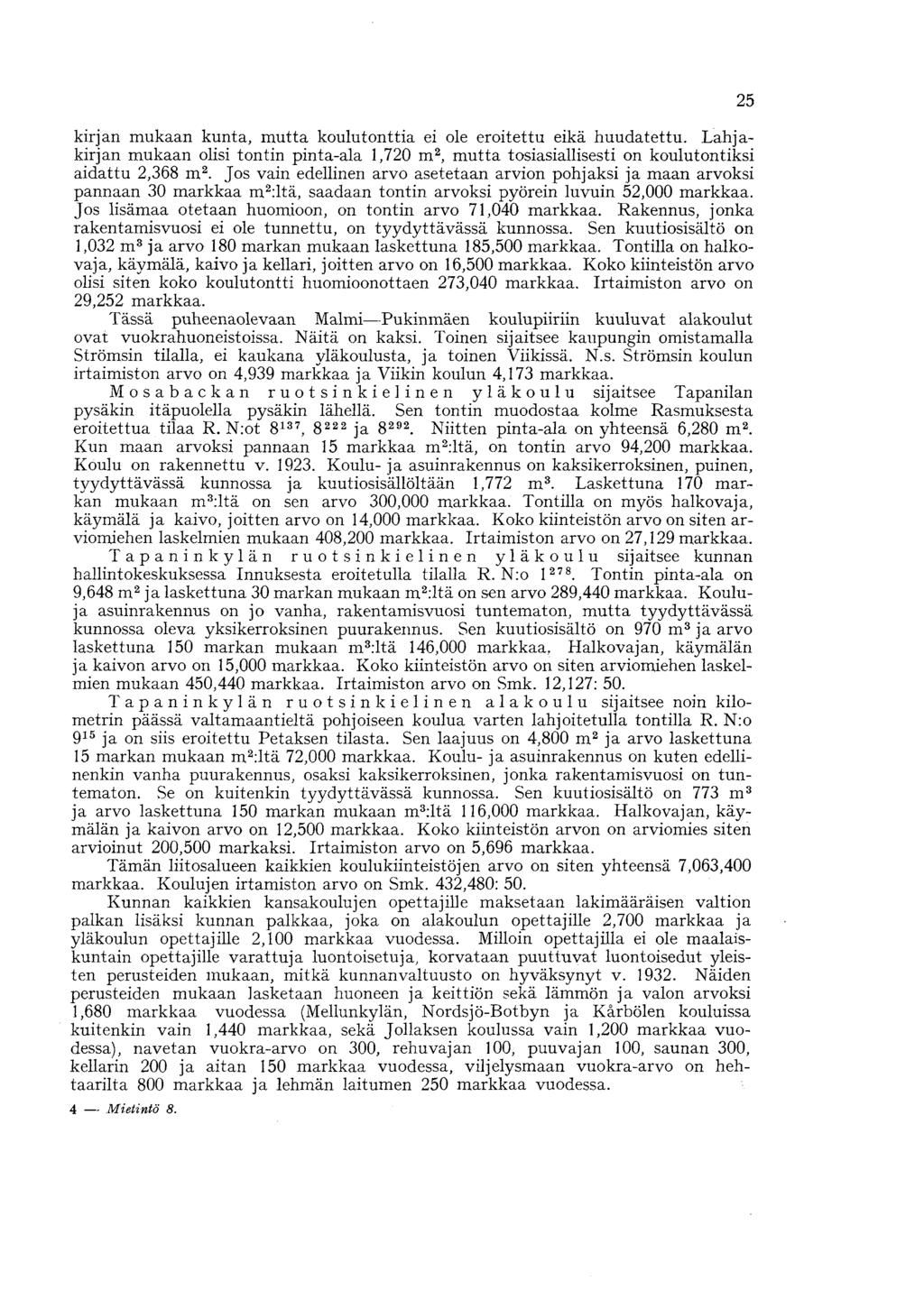 kirjan mukaan kunta, mutta koulutonttia ei ole eroitettu eikä huudatettu. Lahjakirjan mukaan olisi tontin pinta-ala 1,720 m 2, mutta tosiasiallisesti on koulutontiksi aidattu 2,368 m 2.