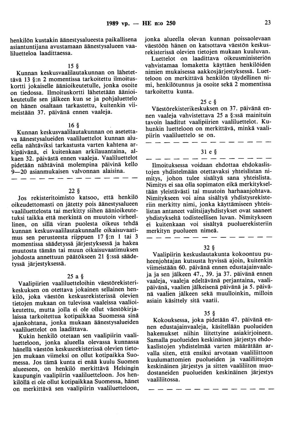 1989 vp. - HE n:o 250 23 henkilön kustakin äänestysalueesta paikallisena asiantuntijana avustamaan äänestysalueen vaaliluetteloa laadittaessa.