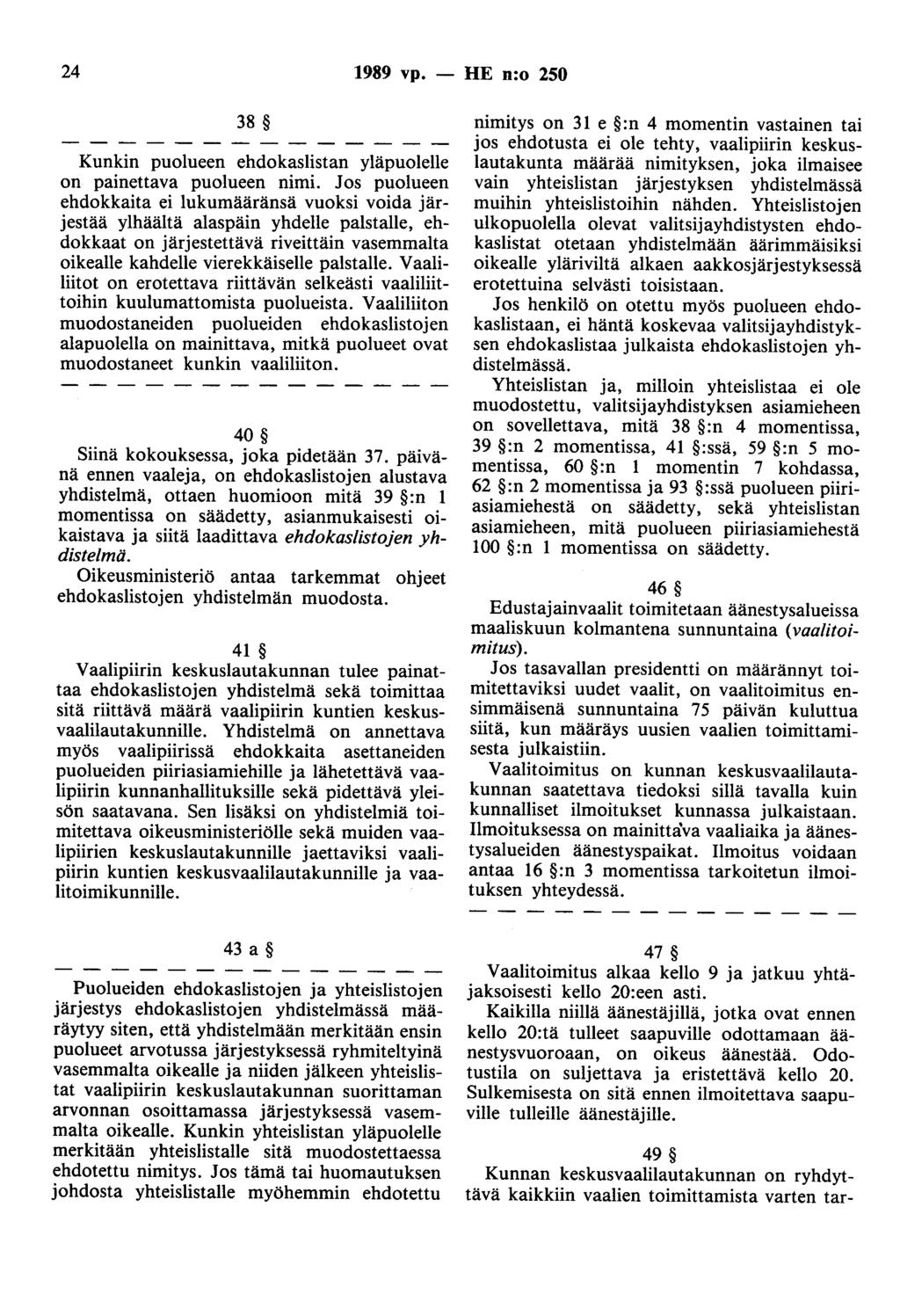 24 1989 vp. - HE n:o 250 38 Kunkin puolueen ehdokaslistan yläpuolelle on painettava puolueen nimi.