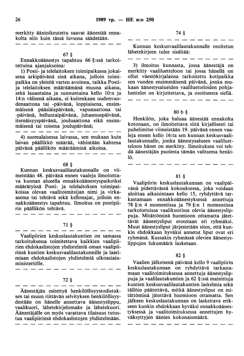 26 1989 vp. - HE n:o 250 merkitty äänioikeutettu saavat äänestää ennakolta niin kuin tässä luvussa säädetään.