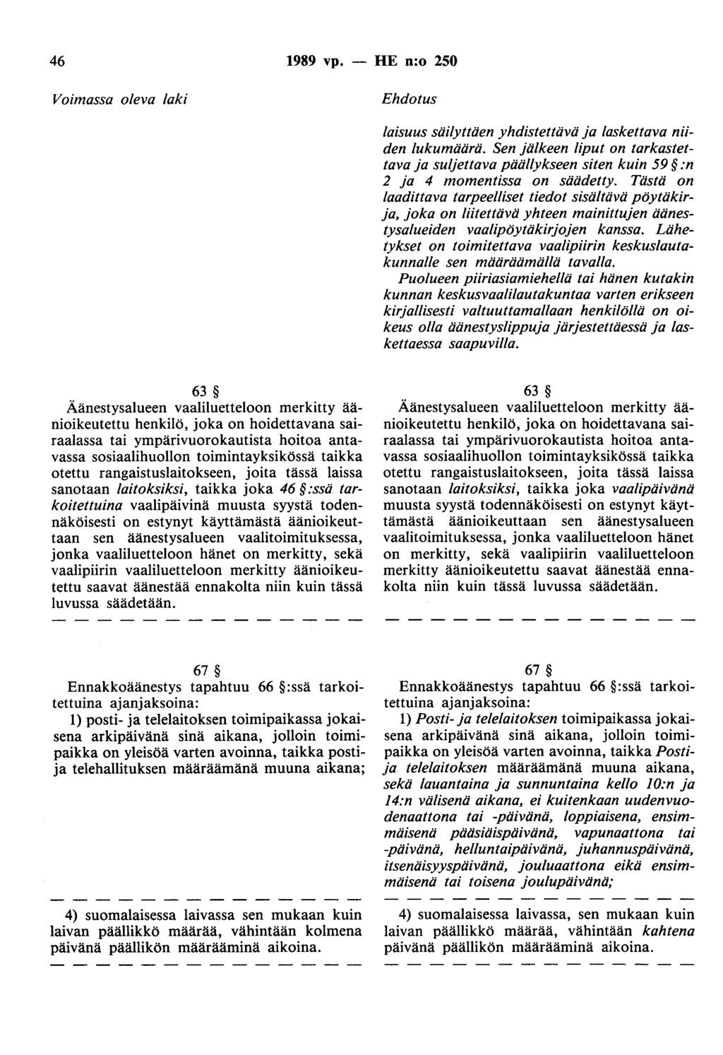 46 1989 vp. - HE n:o 250 Voimassa oleva laki Ehdotus laisuus säilyttäen yhdistettävä ja laskettava niiden lukumäärä.