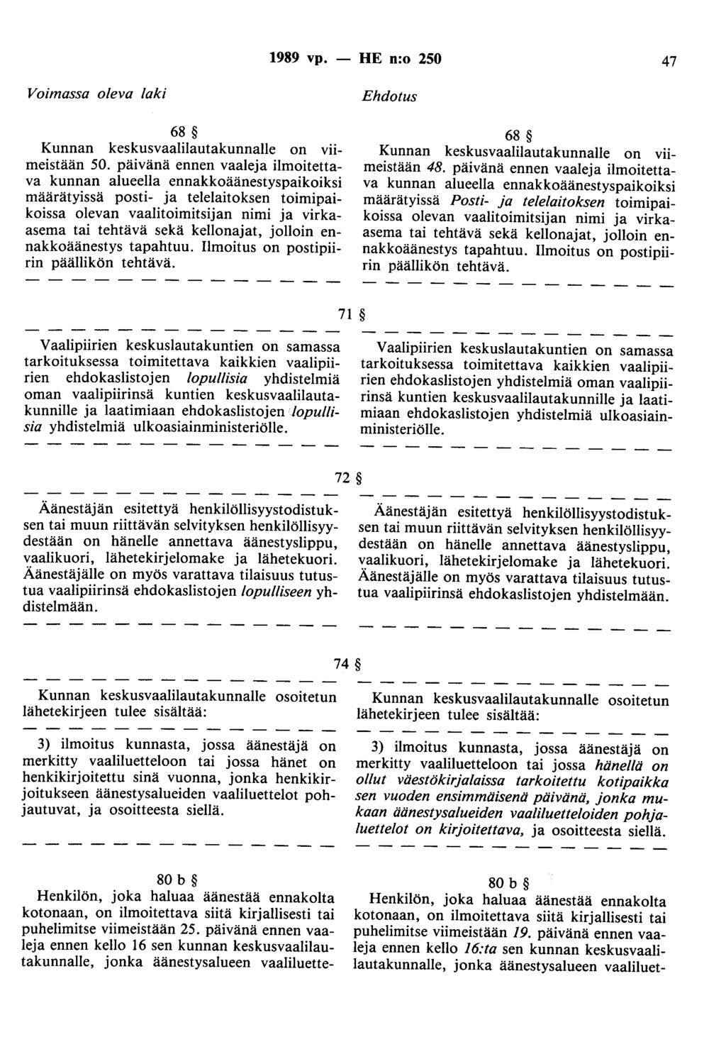 1989 vp. - HE n:o 250 47 Voimassa oleva laki 68 Kunnan keskusvaalilautakunnalle on viimeistään 50.