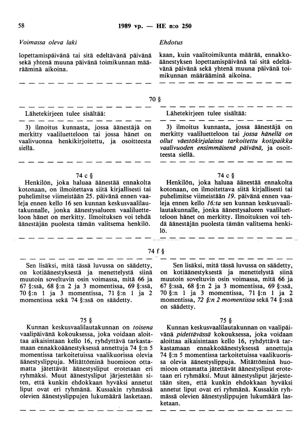 58 1989 vp. - HE n:o 250 Voimassa oleva laki lopettamispäivänä tai sitä edeltävänä päivänä sekä yhtenä muuna päivänä toimikunnan määrääminä aikoina.