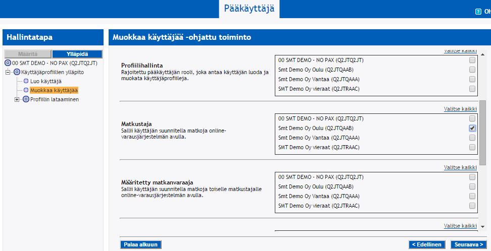 Valitse uusi yksikkö Kotiyhteisö-pudotusvalikosta ja valitse Seuraava-painike. Vaihda myös Matkustaja-rooli uuden yksikön mukaiseksi (sekä mahdollinen matkanvaraajarooli).