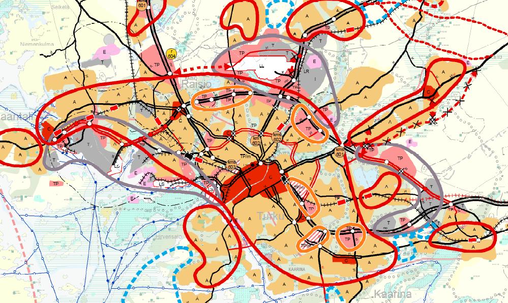 Turun seutu, E18 Kehätien kehittäminen Päivitetty kehätien merkinnät olemassa ja käynnissä olevien suunnitelmien mukaiseksi (nelikaistaistus, eritasoliittymät).