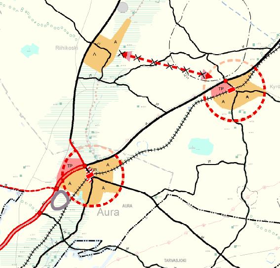 Loimaan seudun liikenneverkko Kyrön ja Riihikosken välinen tieliikenteen yhteystarve poistettu Kantatien 41 kääntö Auran keskustan uudelle suunnittelulle eritasoliittymälle