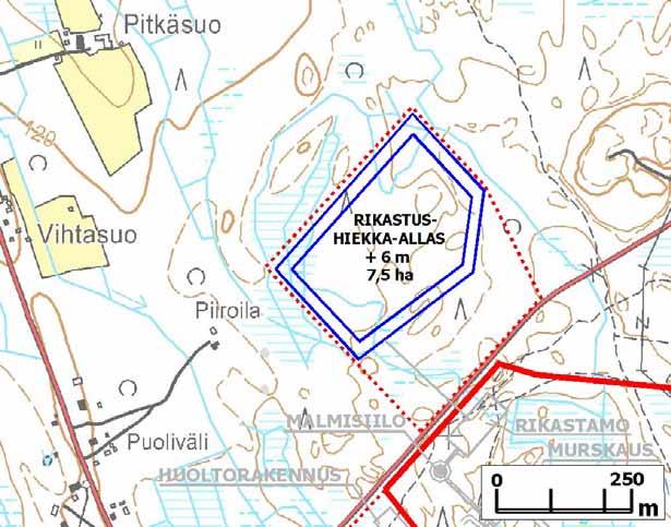 Rikastushiekka-altaan koko tässä vaihtoehdossa on noin 7,5 ha ja lopullinen korkeus noin 6 m.