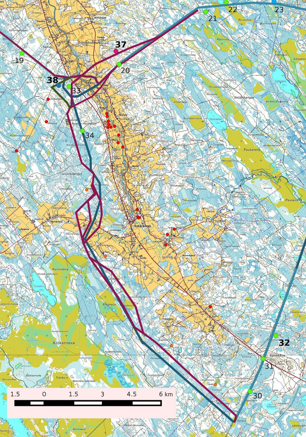 10 5. Yleiskartta 32 Kartta 3, Kokkola-Nivala voimalinja, keväällä 2014 inventoitu linjaus sinisenä, uudet linjausvaihtoehdot punaisena ja vihreänä.