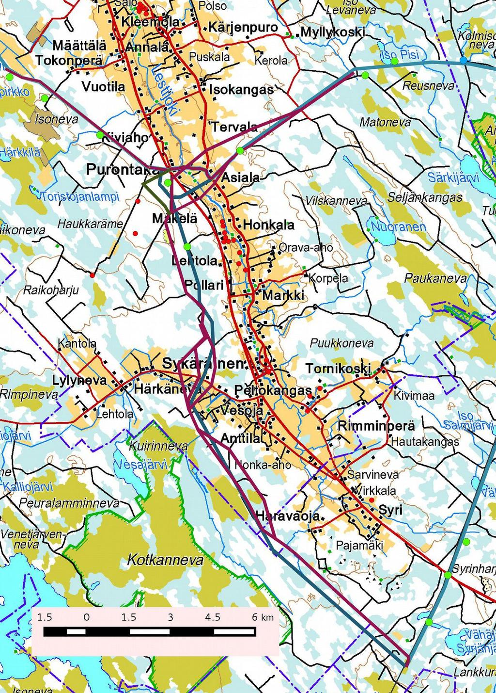 4 Kartta 1, Kokkola-Nivala voimalinja, keväällä 2014 inventoitu linjaus sinisenä, uudet linjausvaihtoehdot punaisena (marraskuu) ja vihreänä (joulukuu).