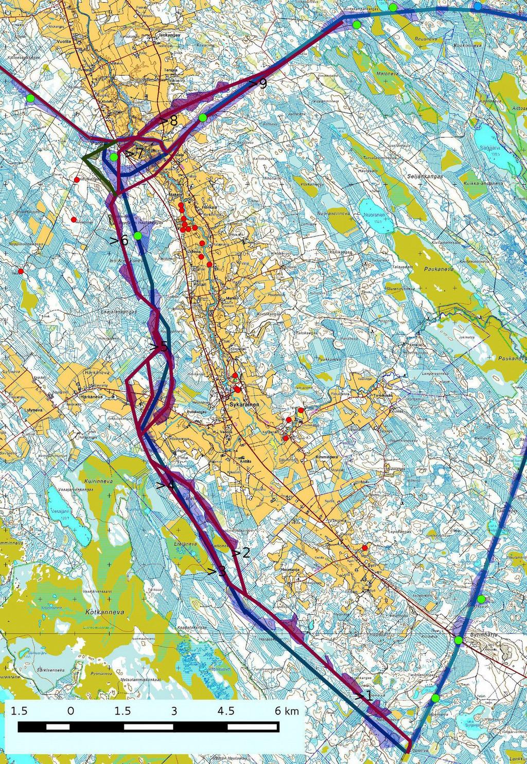 5 3. Maastokuvaukset ja valokuvat Kartta 2, Kokkola-Nivala voimalinja, keväällä 2014 inventoitu linjaus sinisenä, uudet linjausvaihtoehdot punaisena (marraskuu) ja vihreänä (joulukuu).