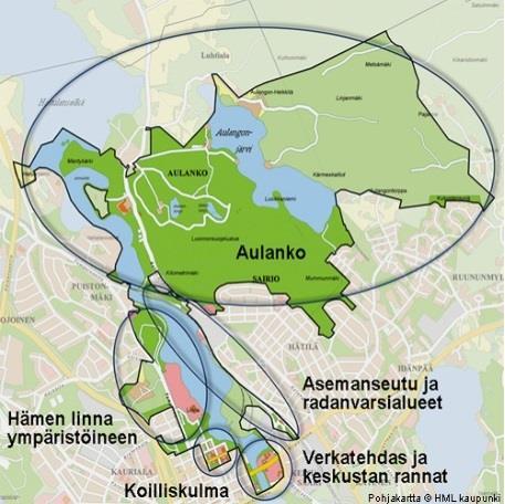 13 (Tampereen kansallinen kaupunkipuisto tarveselvitys 2016, 19.) Karttakuvassa näkyy Hämeenlinnan kansallisen kaupunkipuiston alueet (Kuvio 2). Kuvio 2.