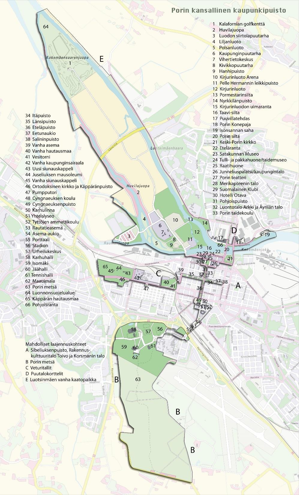 17 Kuvio 4. Porin kansallisen kaupunkipuiston aluerajaus (Pori 2012) Porin kansalliseen kaupunkipuistoon kuuluu kolme merkittävää aluetta; luodot, kaupungin keskusta ja Porin metsät.