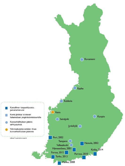 29 4 VIREILLÄ OLEVAT KANSALLISET KAUPUNKIPUISTOT Suomessa on nykyisin vireillä useita kansallisten kaupunkipuistojen hankkeita, jotka esitellään tässä pääluvussa.