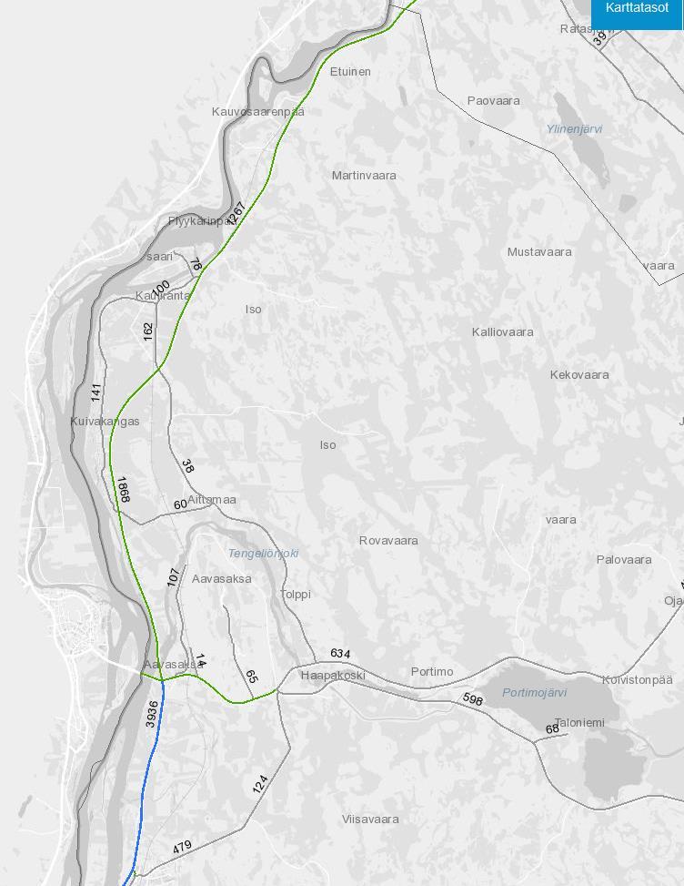 Kaava-alueen läpi kulkee valtatie 21. Portimojärvelle menevät seututiet 930 ja 932. Lisäksi alueella on yhdysteitä, yksityisteitä ja metsäautoteitä.