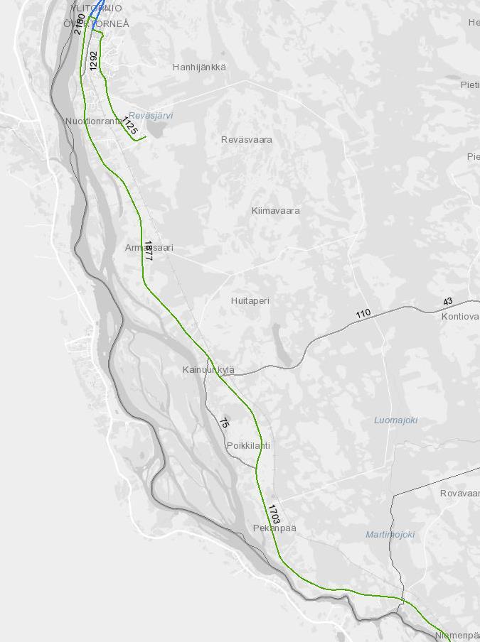 Ote Liikenneviraston liikennemääräkartasta 2015; Valta-, kanta-, seutu- ja yhdysteiden keskimääräinen ajoneuvoliikenne (ajon.