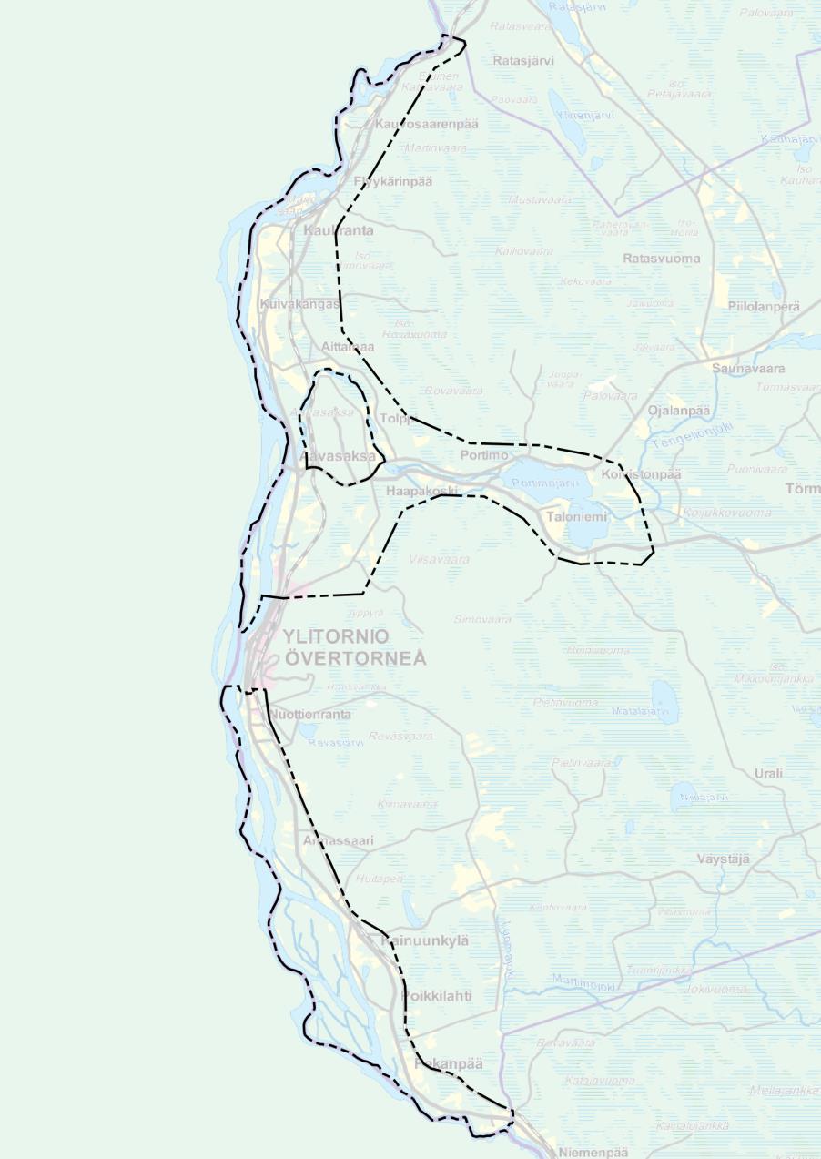 1.1 Suunnittelualue Suunnittelualuetta ovat Ylitornion kunnan ranta-alueet Tornionjoen varrella lukuunottamatta asemakaavoitettua