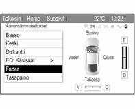 Säätääksesi äänenvoimakkuuden jakoa auton etu- ja takakaiuttimien välillä valitse Fader. Säädä asetus halutuksi.