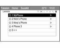 58 Puhelin Laitteet on nyt liitetty pariksi ja puhelimen päävalikko näkyy näytössä. Puhelinmuistio ja soittolistat (jos käytettävissä) ladataan Bluetoothlaitteesta.