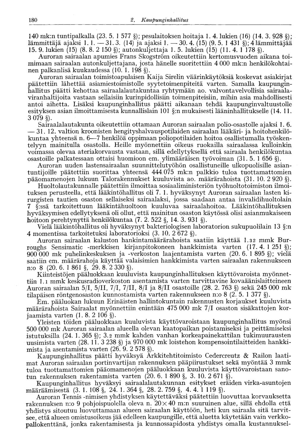 122 2. Kaupunginhallitus 180 140 mk:n tuntipalkalla (23. 5. 1 577 ); pesulaitoksen hoitaja 1. 4. lukien (16) (14. 3. 928 ); lämmittäjä ajaksi 1. 1. 31.3. (14) ja ajaksi 1. 30.4. (15) (9.5. 1 431 ); 4 lämmittäjää 15.