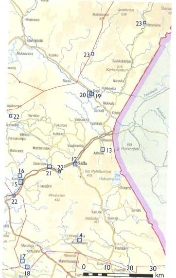 kartta Sallan alueesta 26 Moskovan rauhan jälkeen Sallaan perustettiin suoja-alue. Se perustettiin lähinnä Suomen puolustusta silmällä pitäen. Suoja-alue sisälsi ¾ silloisesta Sallan kunnasta.