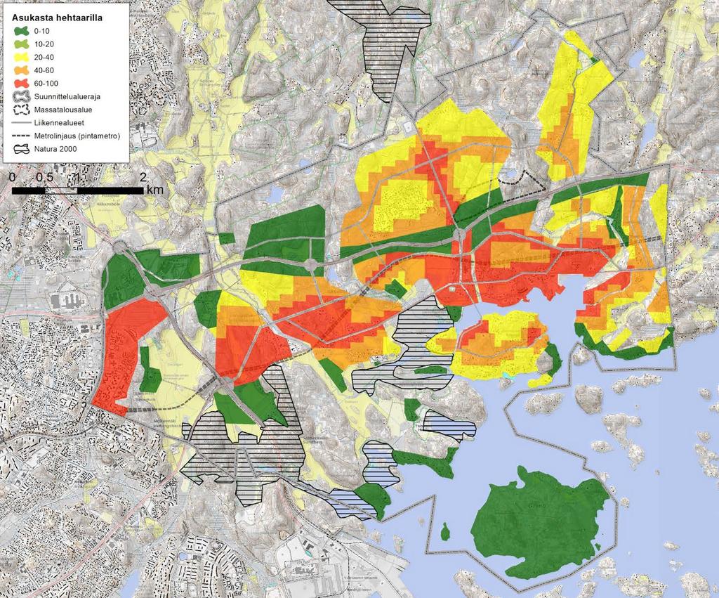 Natura-arvio 12 (77) 5.4.2017 ÖSTERSUNDOMIN YHTEINEN YLEISKAAVA Kuva 2. Kaavaehdotuksessa osoitettu asukasmäärä kaavan rakentamisalueilla.