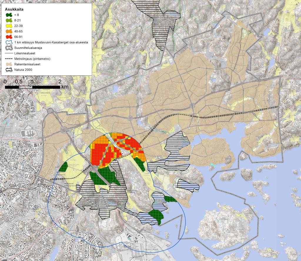 Natura-arvio 20 (77) 5.4.2017 ÖSTERSUNDOMIN YHTEINEN YLEISKAAVA Kuva 5. Mustavuoren sekä Kasabergetin ja Labbackan osa-alueen läheinen (1 km) kaavassa osoitettu asutus.