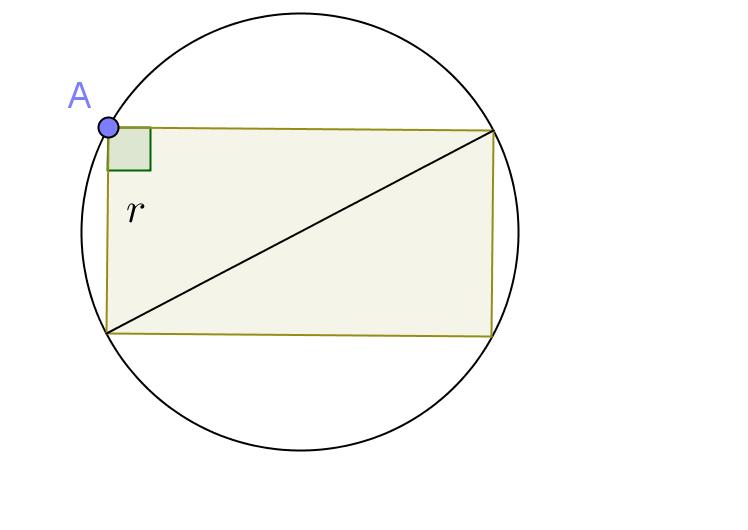 K11. Piirretään kuva. Piirretään suorakulmion halkaisija. Kehän pisteessä A oleva kulma on suora kulma. Tällöin samaa kaarta vastaava keskuskulma on 180, eli kaari on puoliympyrä.