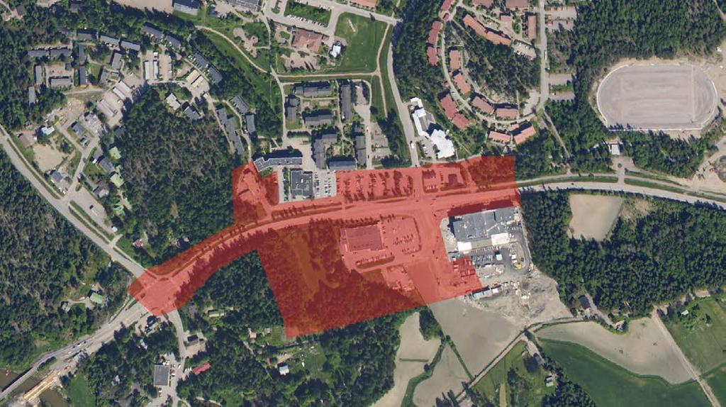 Ilmakuva kaava-alueelta vuodelta 2009 Blom Kartta Oy. Kaava-alueen alustava rajaus esitetty kuvassa punaisella. Flygbild av planområdet från år 2009.