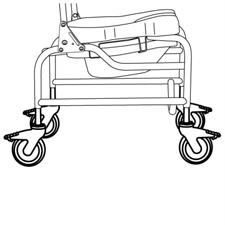 Siirtyminen Raz AP600 suihkutuoliin LUKITSE AINA kaikki neljä pyörää ulommaiseen asentoon (etupyörät eteenpäin/takapyörät taaksepäin) tuolin vakauden maksimoimiseksi.