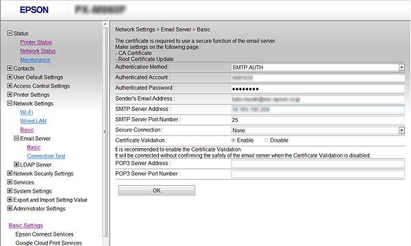 Käyttö- ja hallinta-asetukset Postipalvelimen asetuskohteet Kohdat Authentication Method Asetukset ja selitys Määritä todennusmenetelmä skannerin postipalvelimen käyttöä varten.